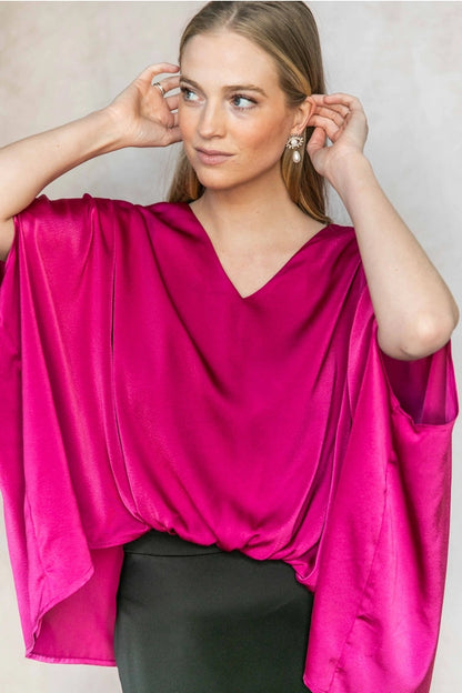 Satin Solid V-Neck Front Waist Elastic Flowy Top