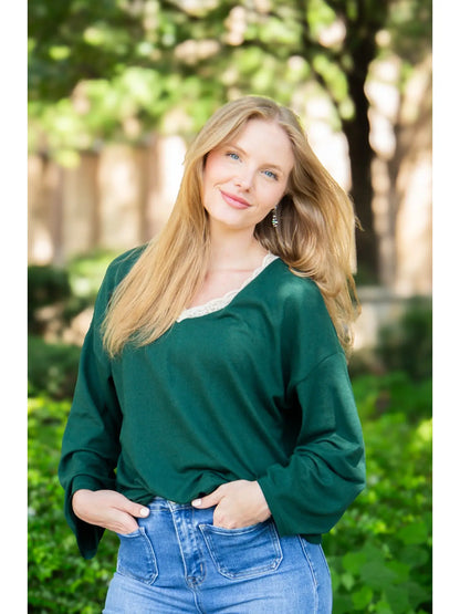 V-Neck Top with Lace Trim | 3 Colors Available