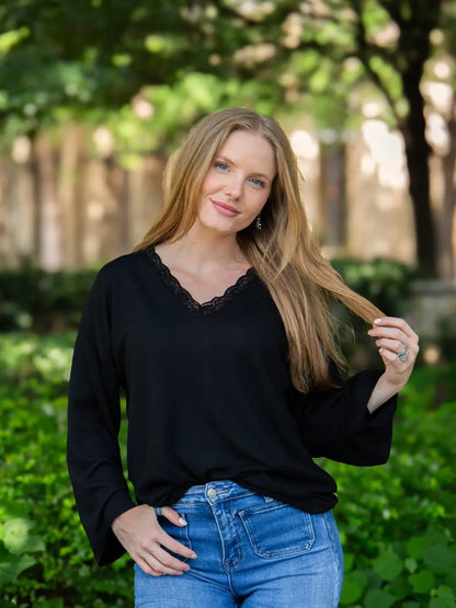 V-Neck Top with Lace Trim | 3 Colors Available