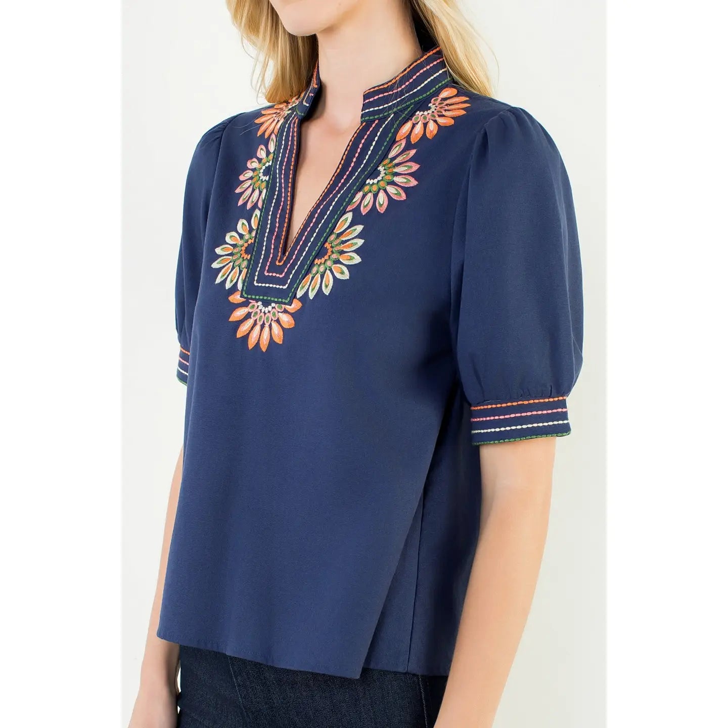 Puff Sleeve Floral Embroidery Top