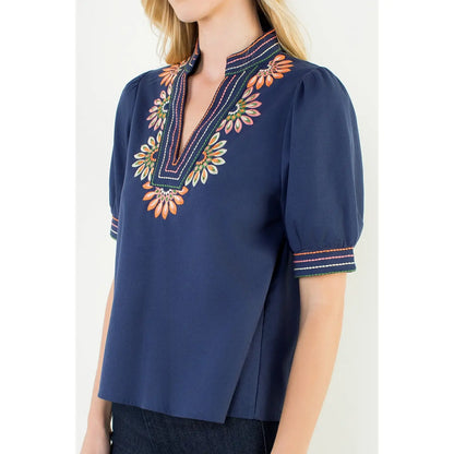 Puff Sleeve Floral Embroidery Top