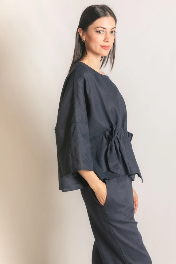 Washed Linen Half Sleeve Waist Tie Top