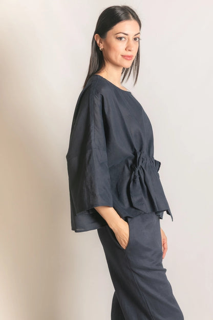 Washed Linen Half Sleeve Waist Tie Top