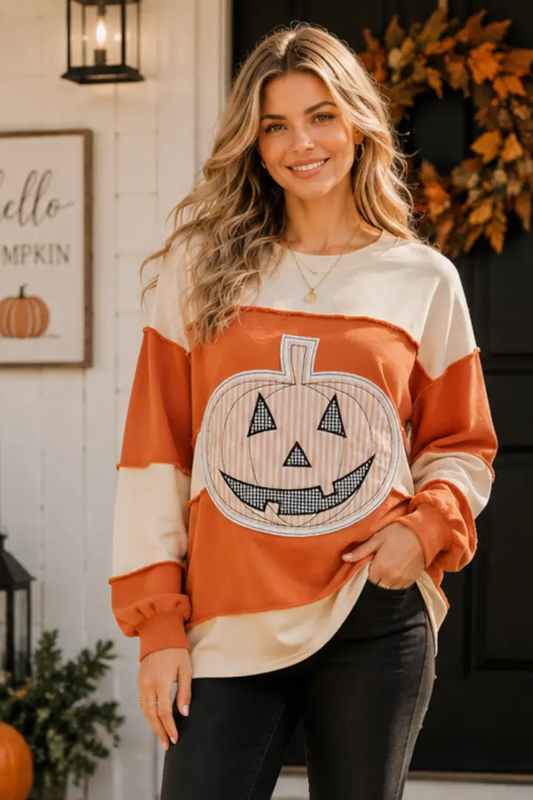 Pumpkin Appliqué Color Block Sweatshirt