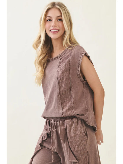 Mineral Washed Eyelet Patch Cap Sleeve Blouse Top