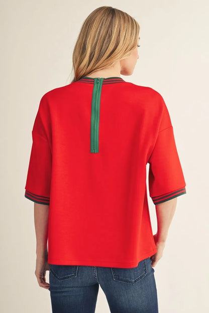 Drop Shoulder Half Sleeve Knit Top with Color Rib Band
