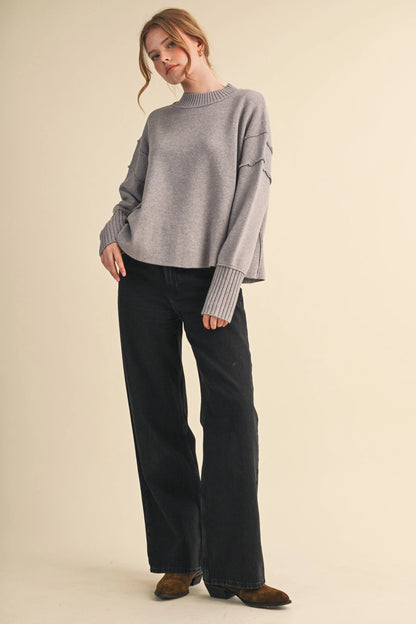 Drop Shoulder Long Sleeve Ribbed Sweater