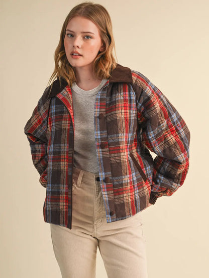 Plaid Quilted Jacket with Contrast Corduroy | 2 Colors Available