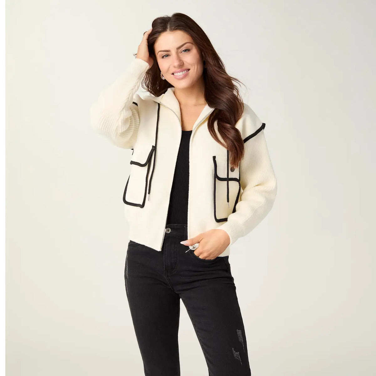 Zip Front Hoodie with Piped Trim