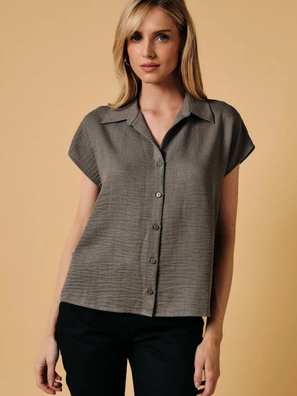 Wide Shoulder Sleeveless Button-Down Shirt
