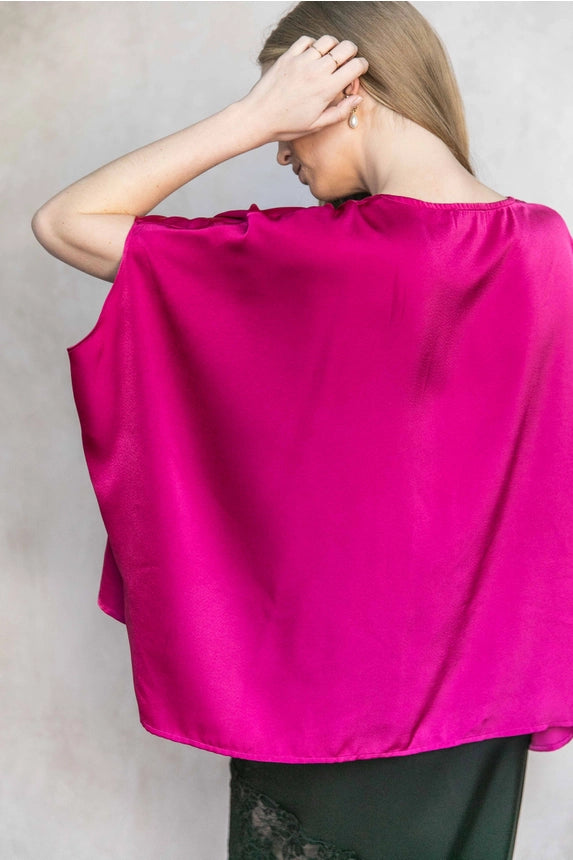 Satin Solid V-Neck Front Waist Elastic Flowy Top