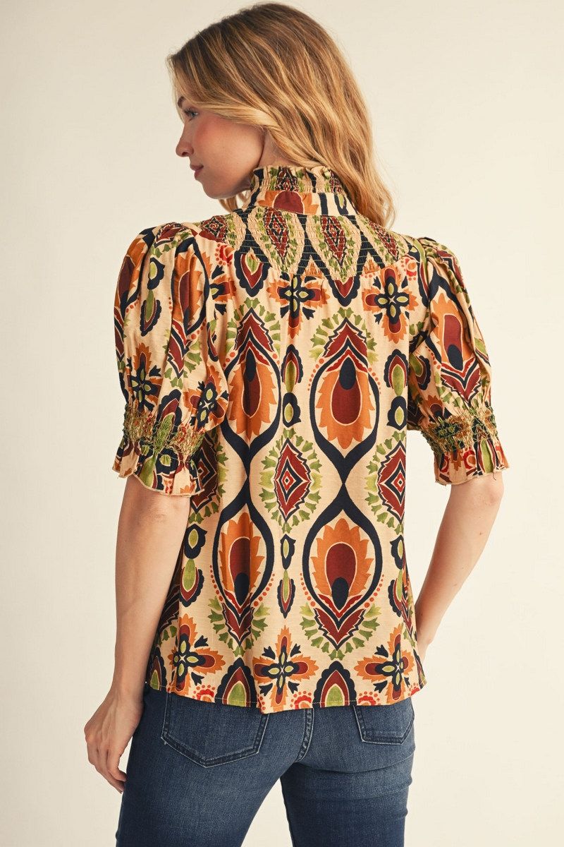 Short Puff Sleeve Boho Print Top