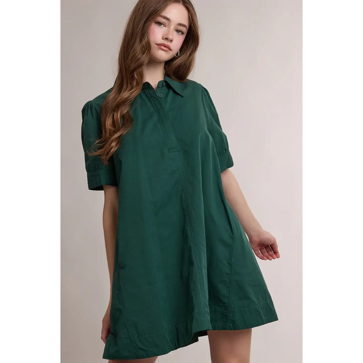 Collared Half Button Mini Shirt Dress