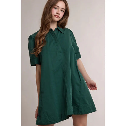 Collared Half Button Mini Shirt Dress