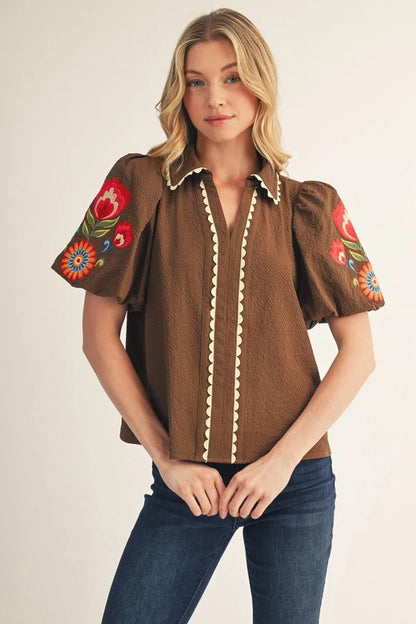 Scallop Trim with Embroidery Short Puff Sleeve Top