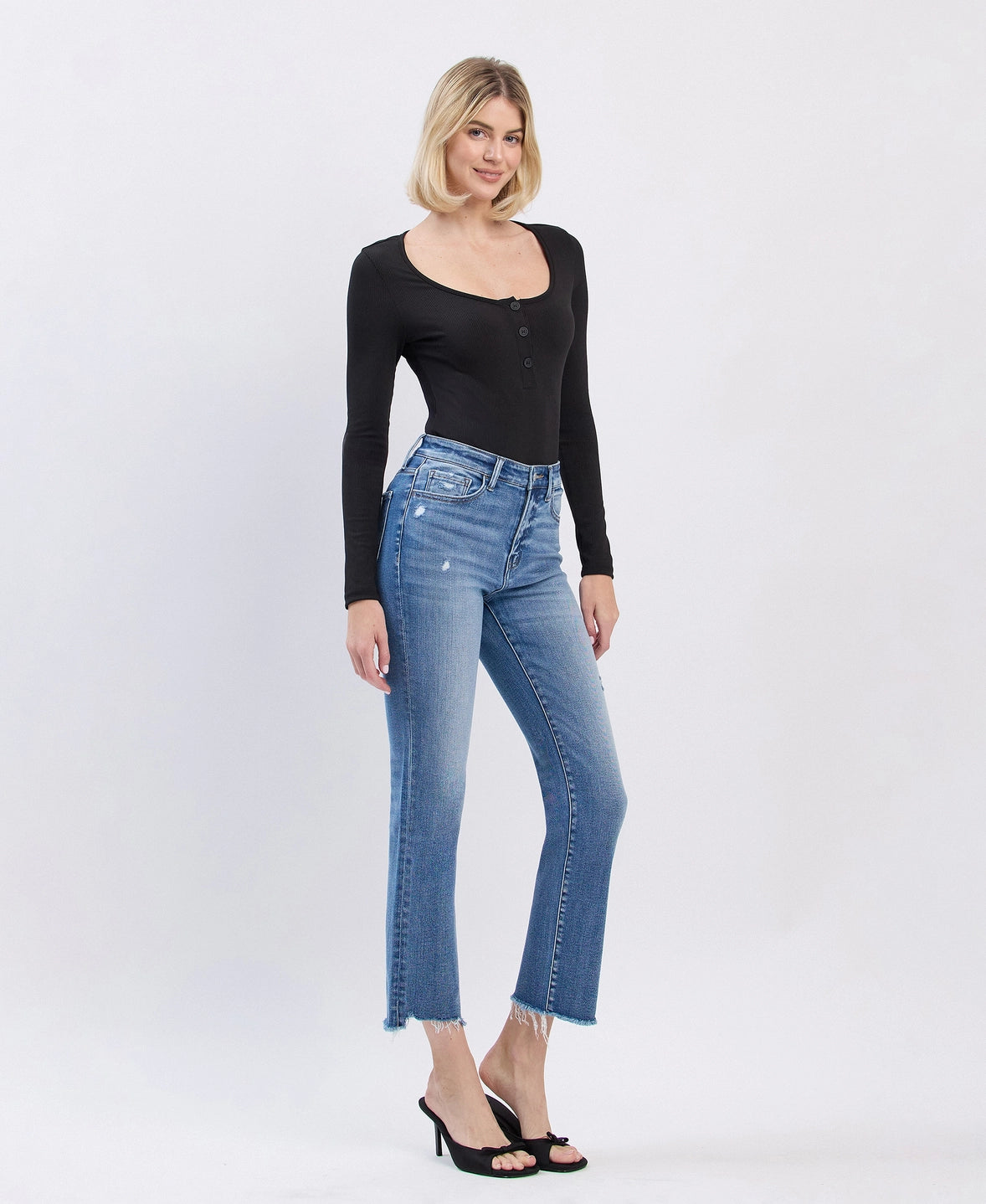High Rise Uneven Raw Hem Slim Straight Jeans