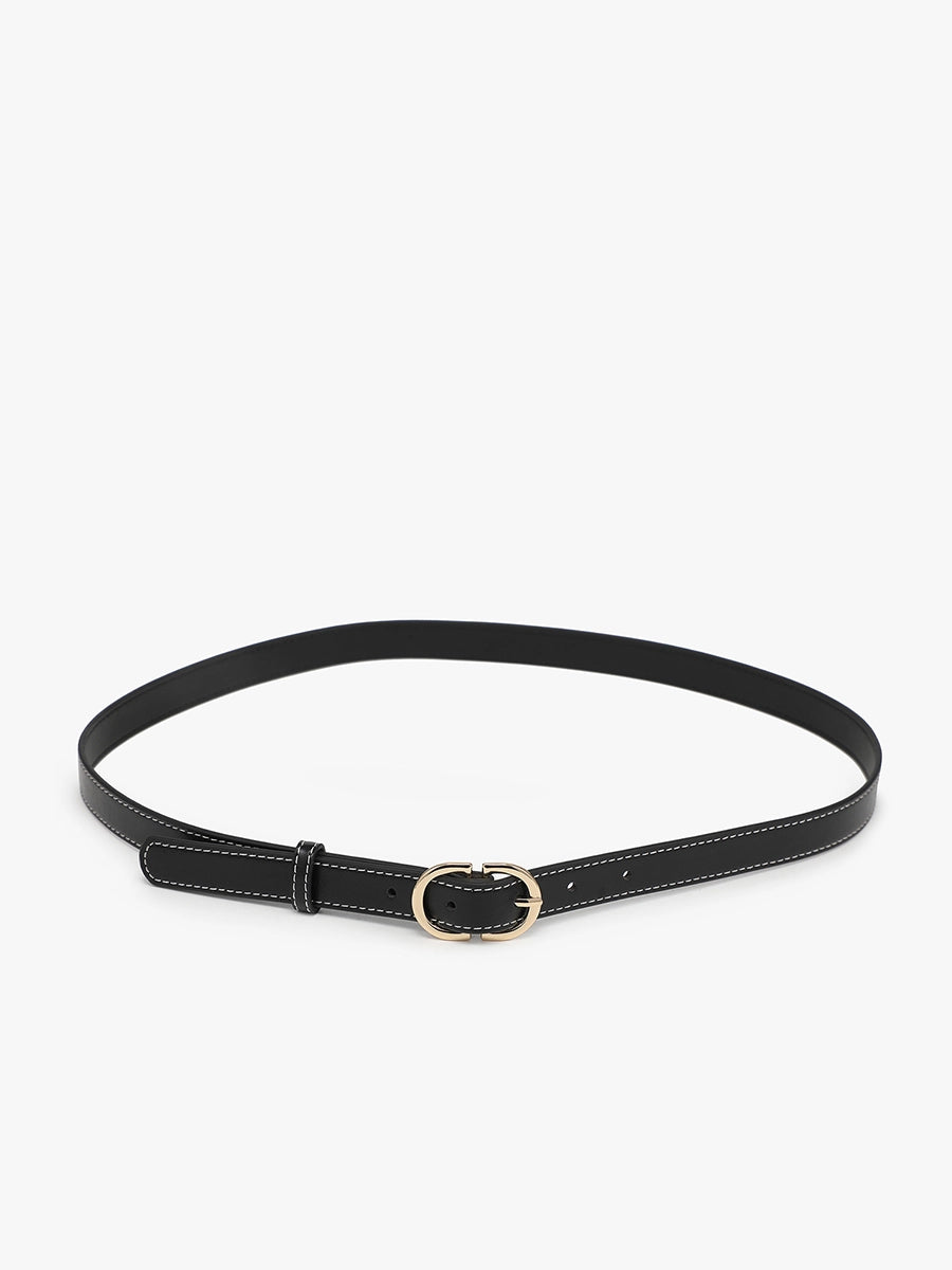 Contrast-Stitch Slim Belt with Textured Buckle