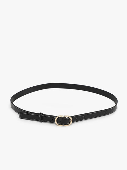 Contrast-Stitch Slim Belt with Textured Buckle