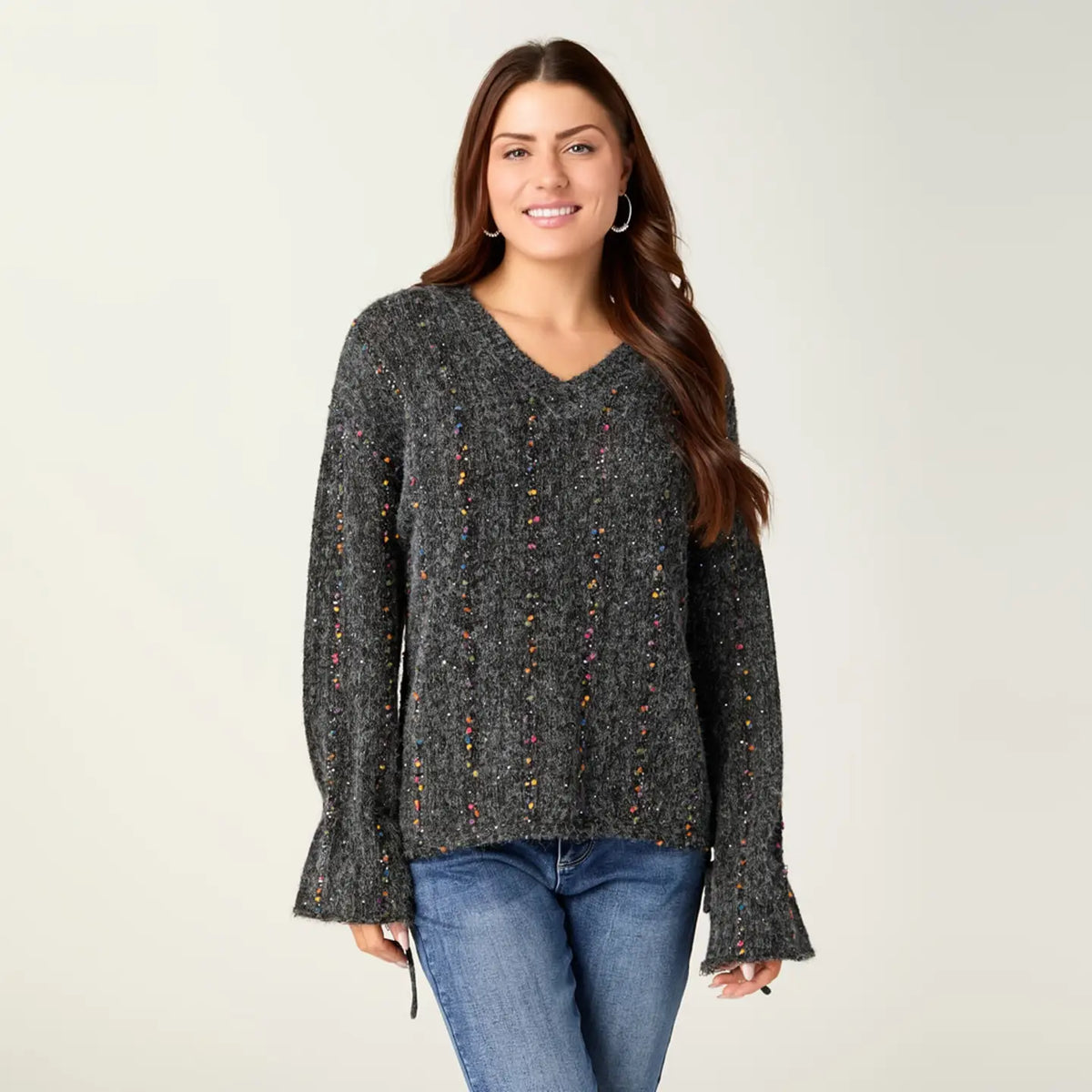Sequin Mini-Pom Tie-Sleeve Sweater