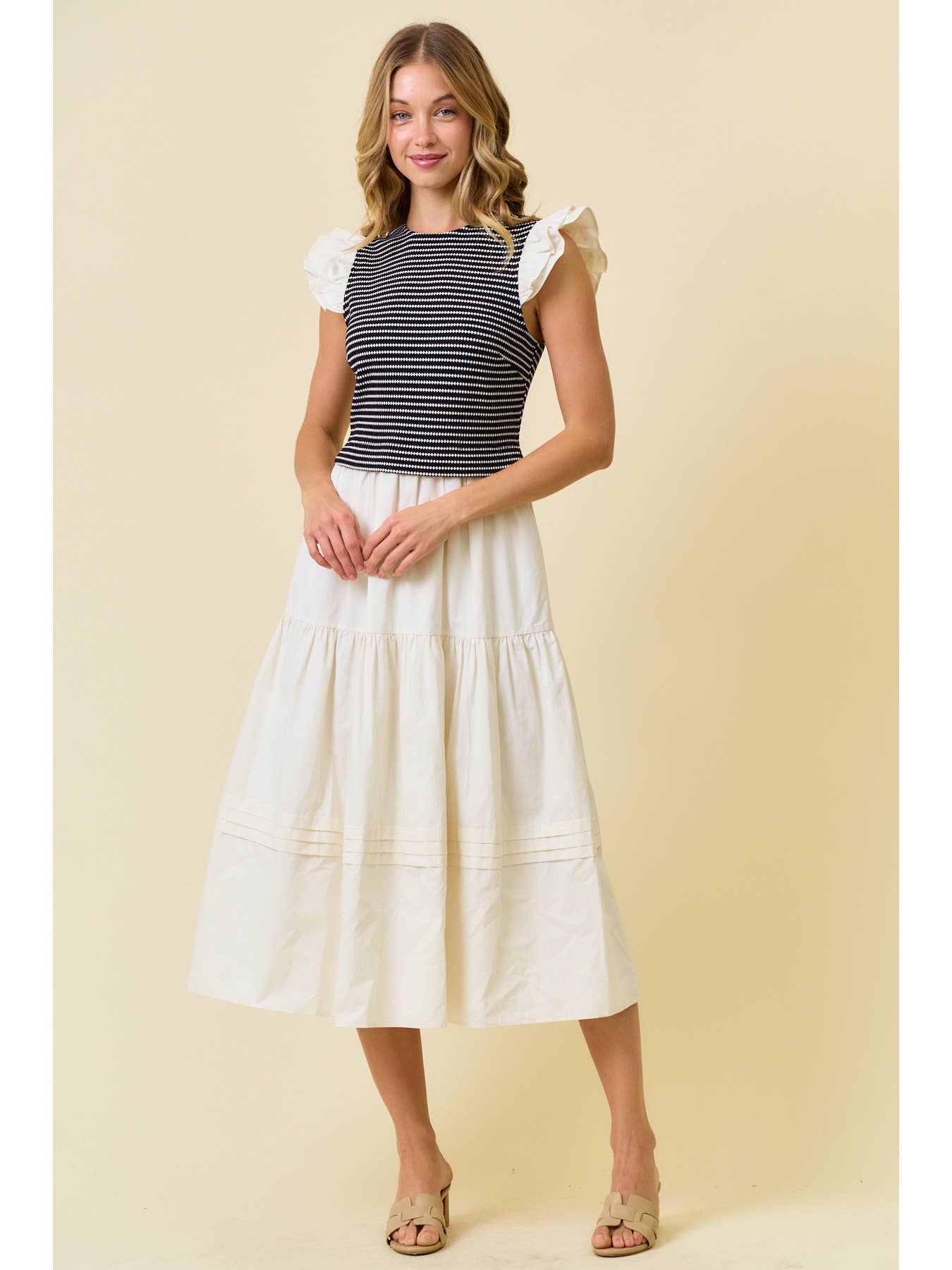 Cotton Poplin Tiered Dress with Ruffle Sleeve