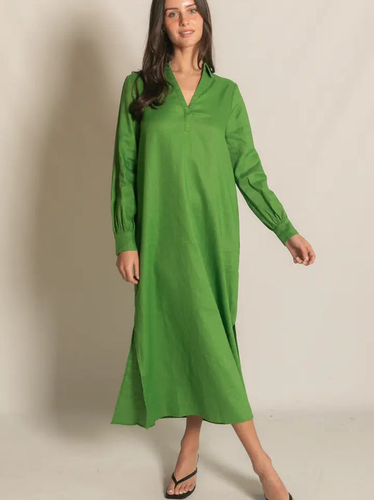Linen Collared Long Sleeve Dress