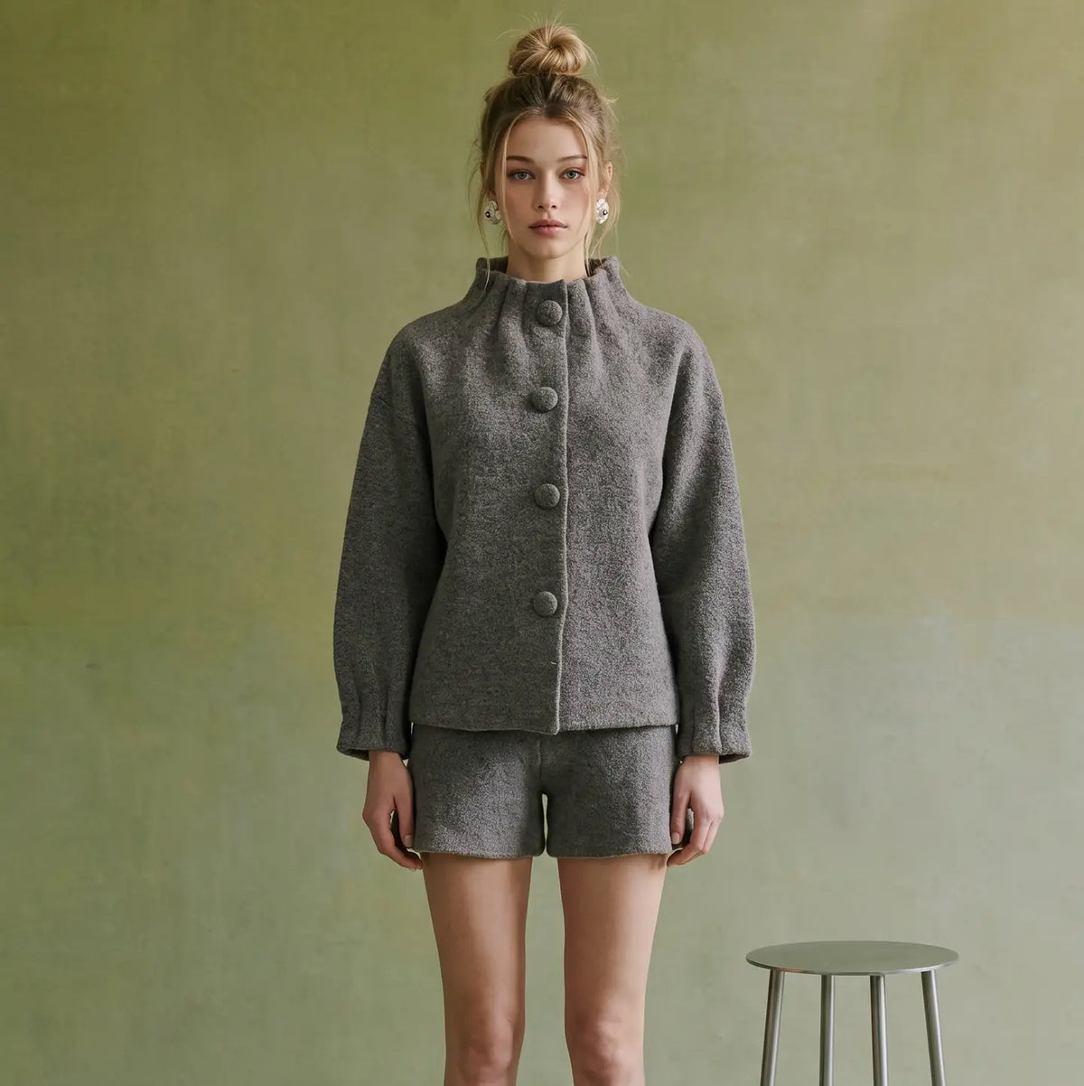 Textured Knit Funnel Neck Sweater Jacket
