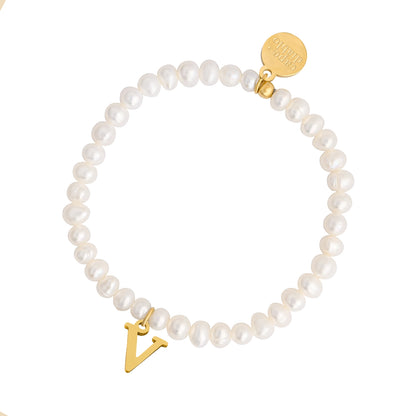 Golden Pearl Initial Letter Bracelet - V