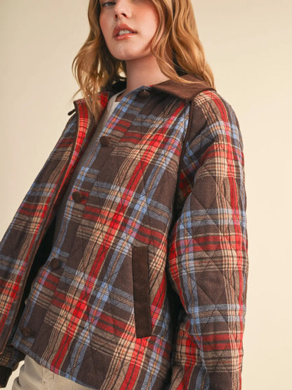 Plaid Quilted Jacket with Contrast Corduroy | 2 Colors Available