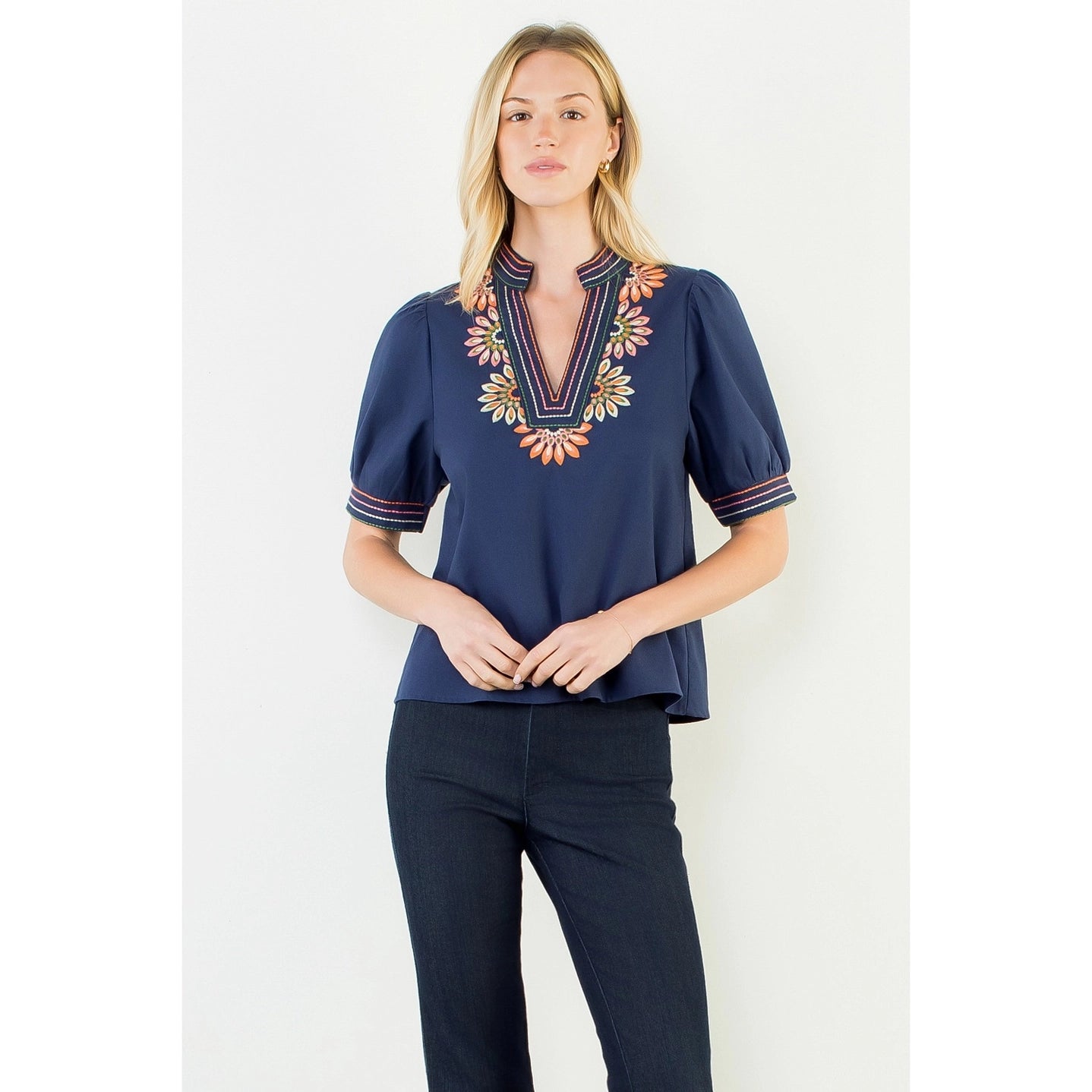 Puff Sleeve Floral Embroidery Top