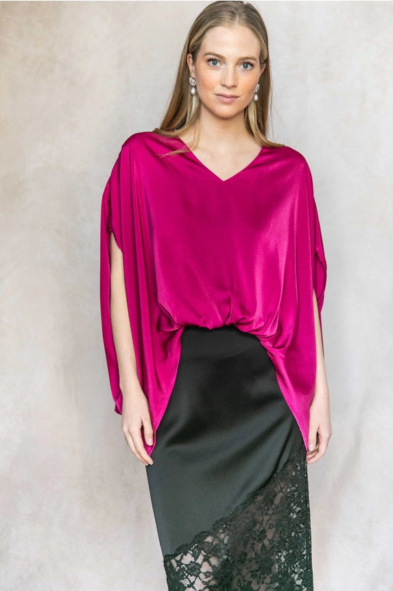 Satin Solid V-Neck Front Waist Elastic Flowy Top
