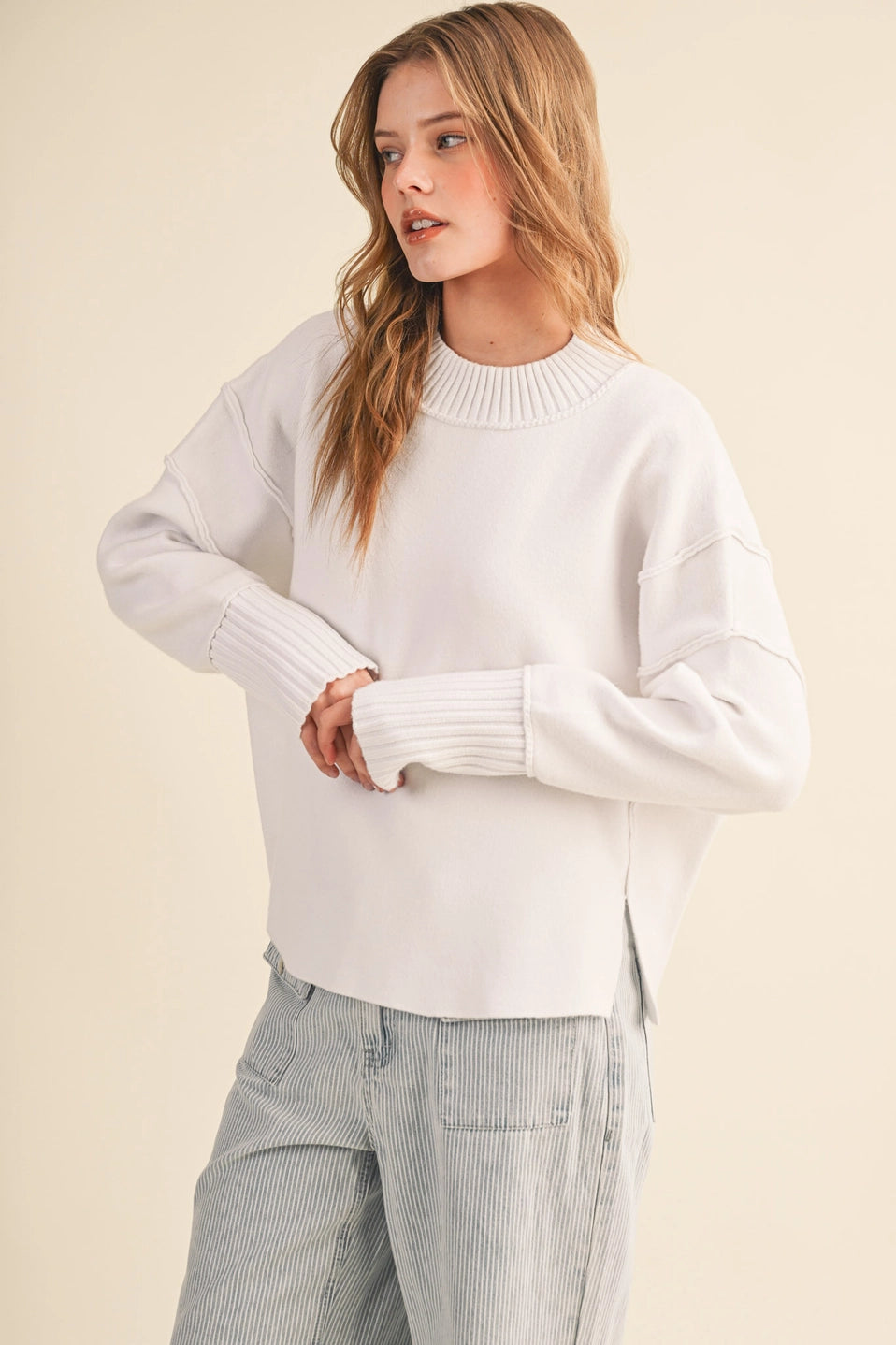 Drop Shoulder Long Sleeve Ribbed Sweater