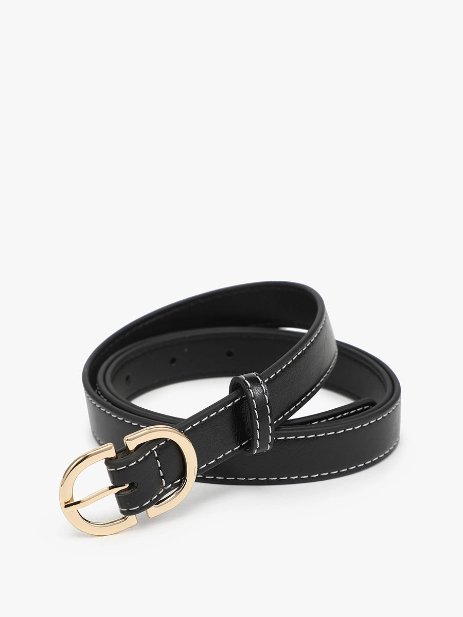 Contrast-Stitch Slim Belt with Textured Buckle