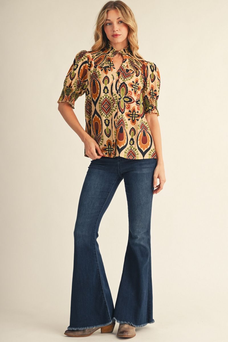 Short Puff Sleeve Boho Print Top