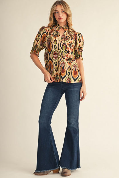 Short Puff Sleeve Boho Print Top