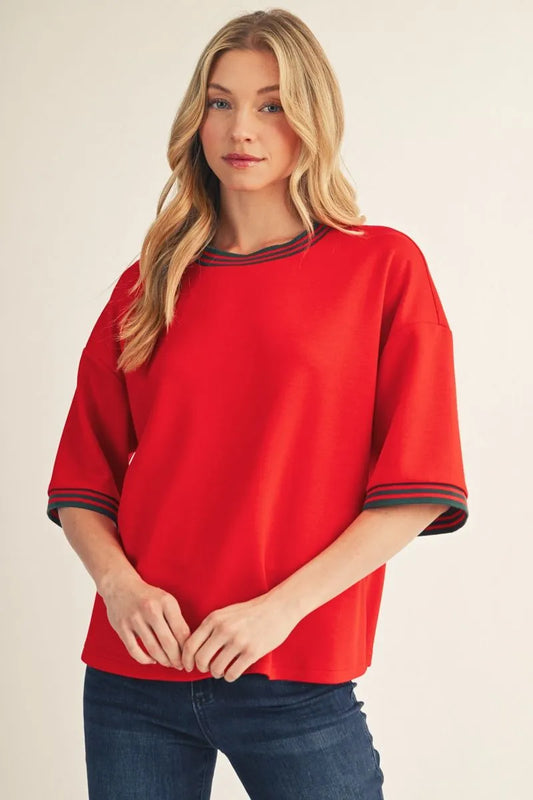Drop Shoulder Half Sleeve Knit Top with Color Rib Band