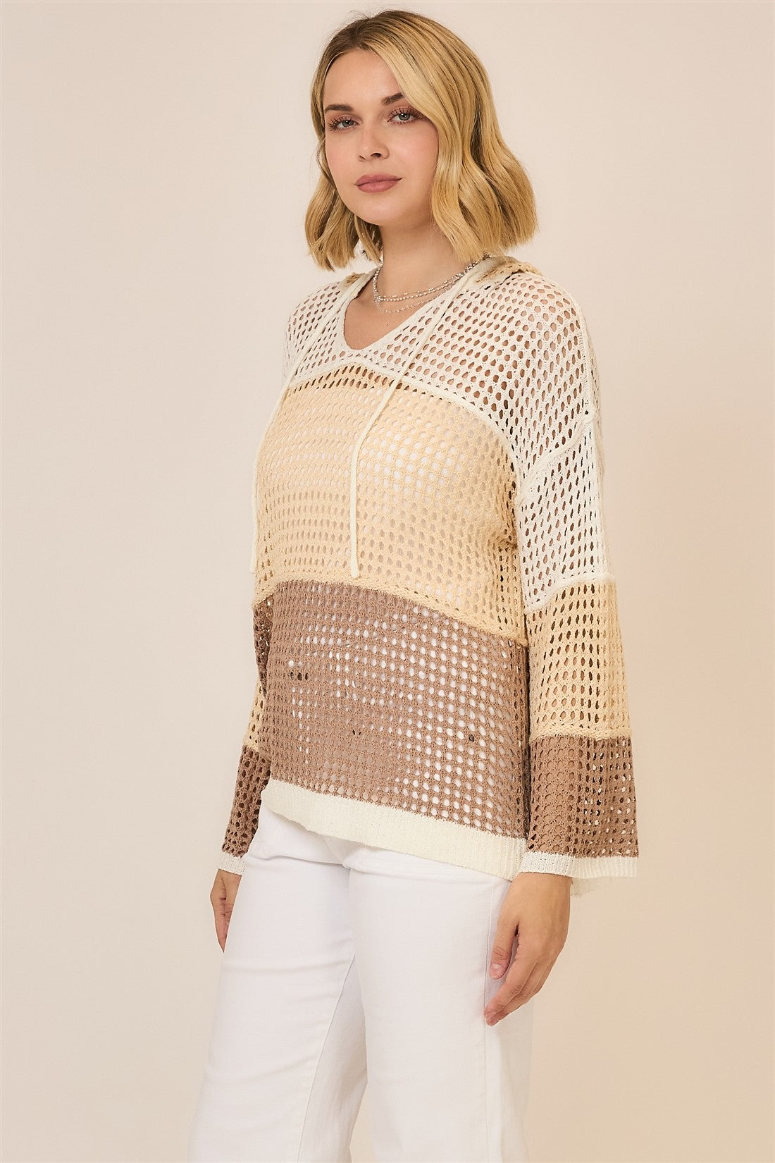 Open Knit Color Block Hood Sweater