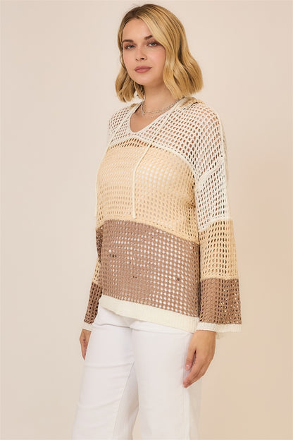 Open Knit Color Block Hood Sweater
