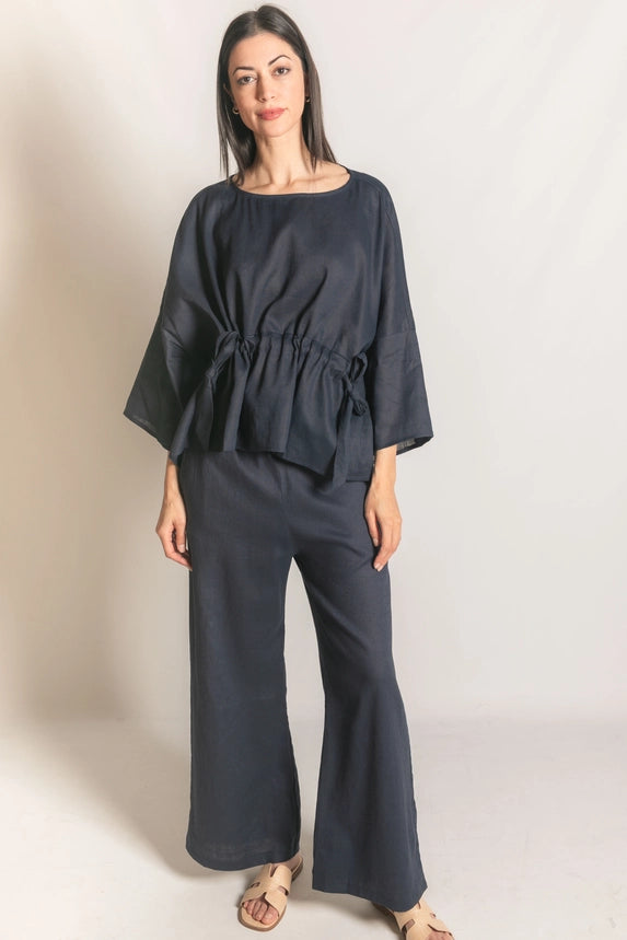 Washed Linen Half Sleeve Waist Tie Top