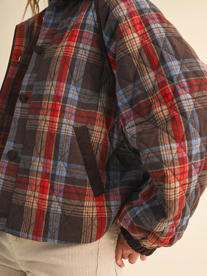 Plaid Quilted Jacket with Contrast Corduroy | 2 Colors Available