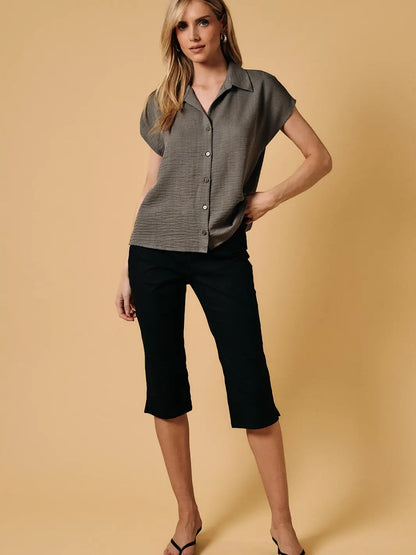 Wide Shoulder Sleeveless Button-Down Shirt