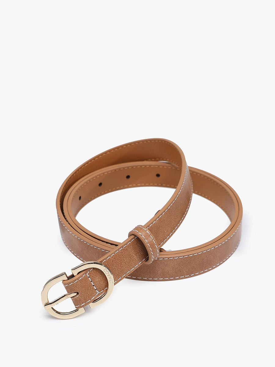 Contrast-Stitch Slim Belt with Textured Buckle