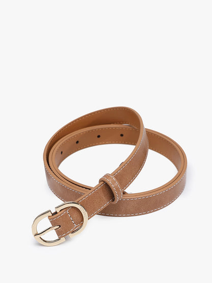 Contrast-Stitch Slim Belt with Textured Buckle