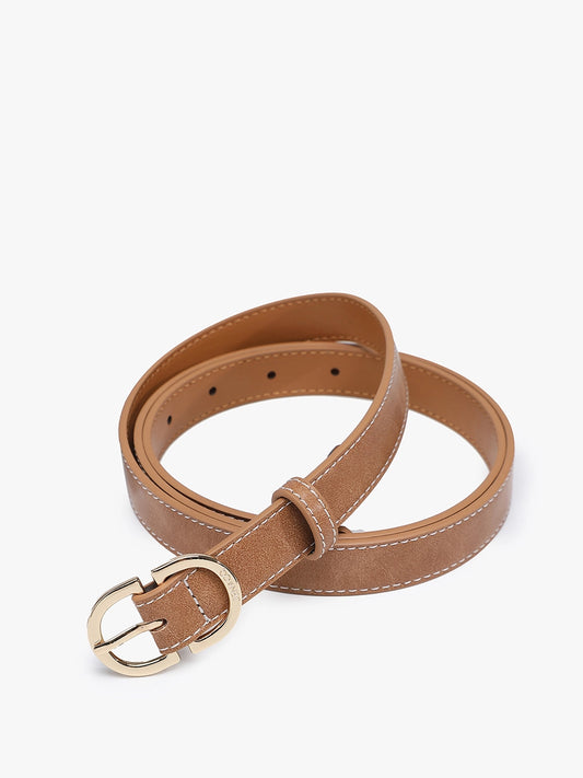 Contrast-Stitch Slim Belt with Textured Buckle