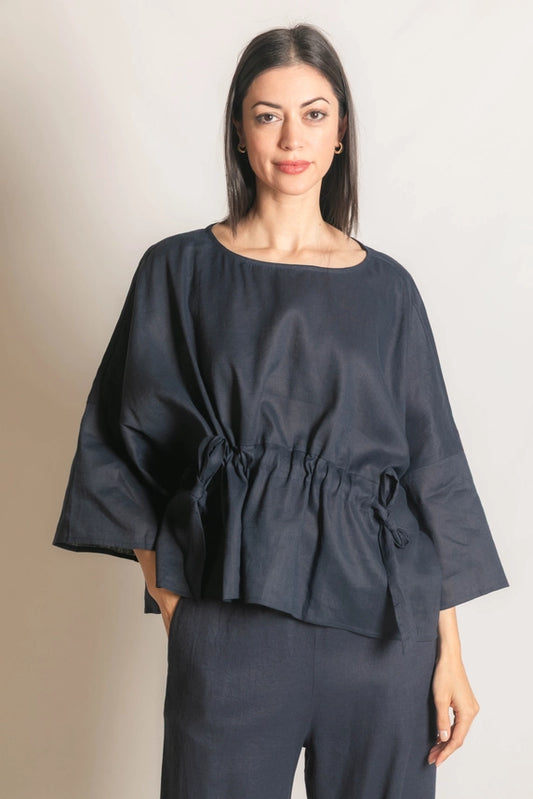 Washed Linen Half Sleeve Waist Tie Top