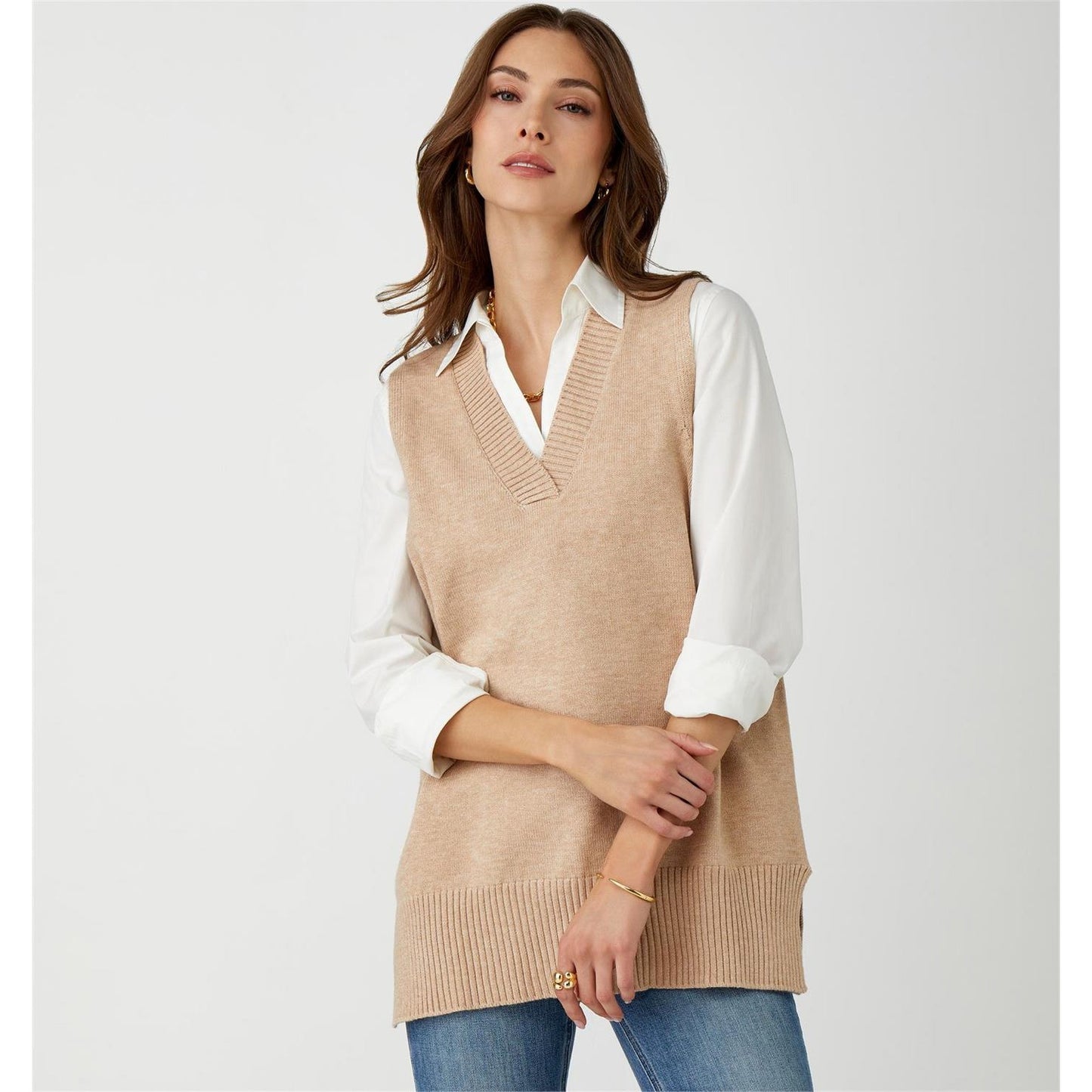 Beige Melange Knit Sweater Vest