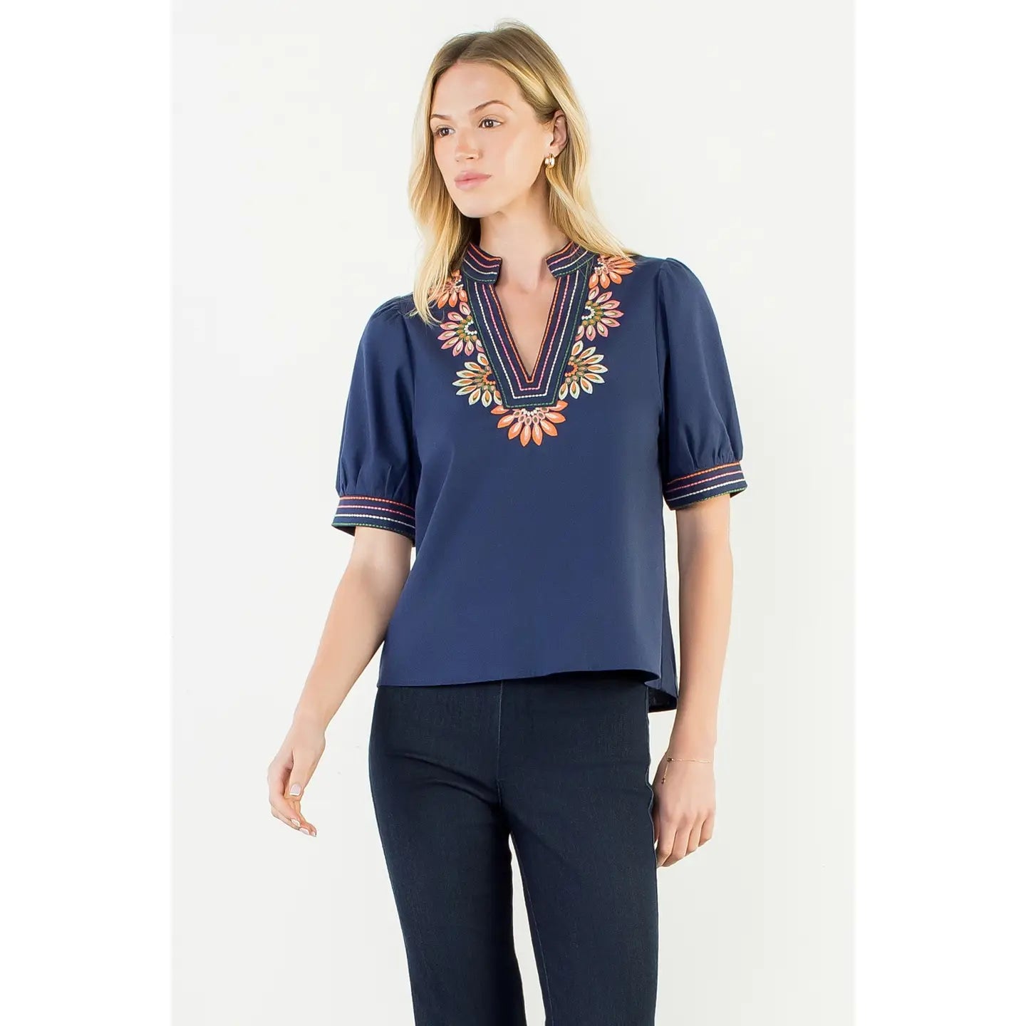 Puff Sleeve Floral Embroidery Top