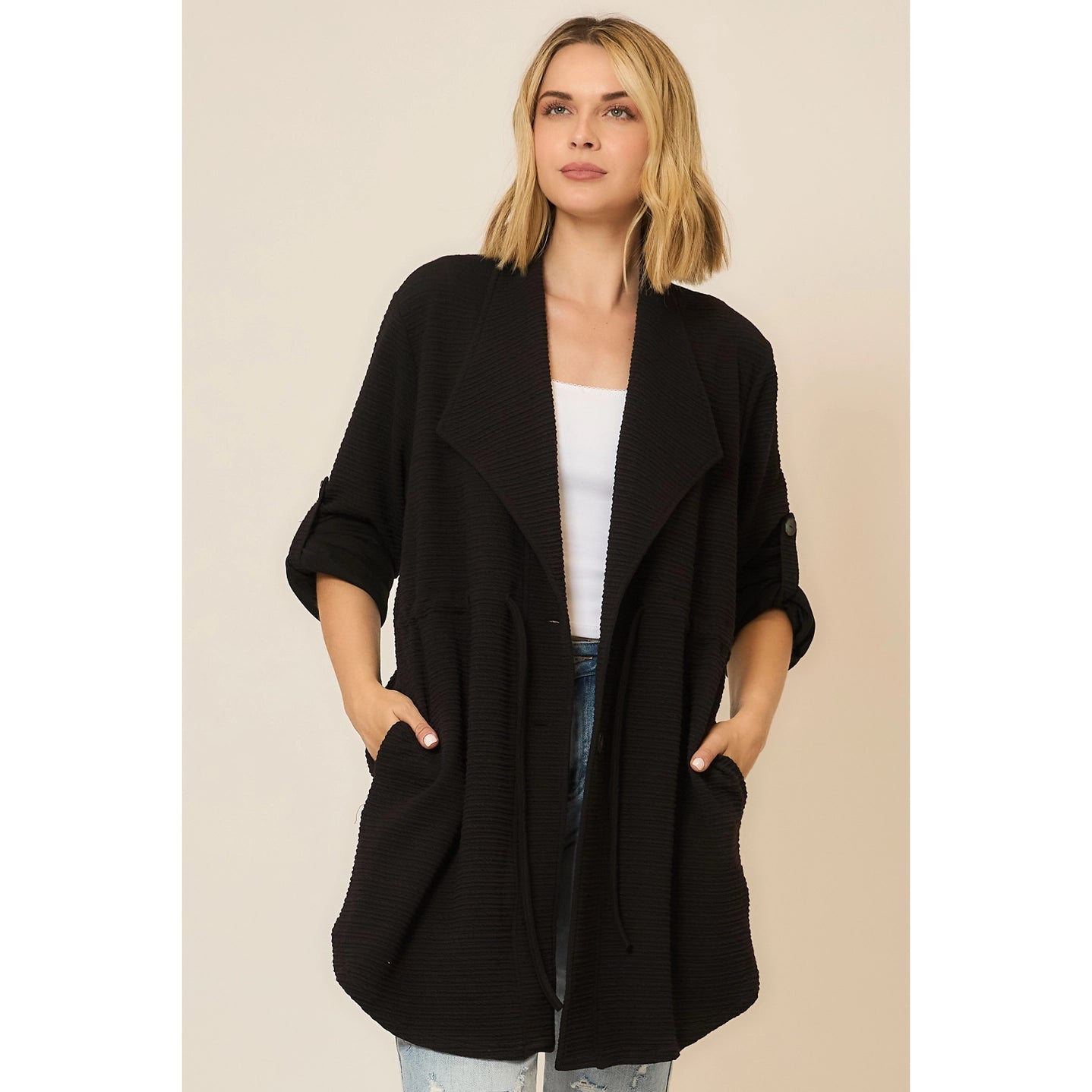 Crinkle Rib Texture Fold Sleeve Jacket