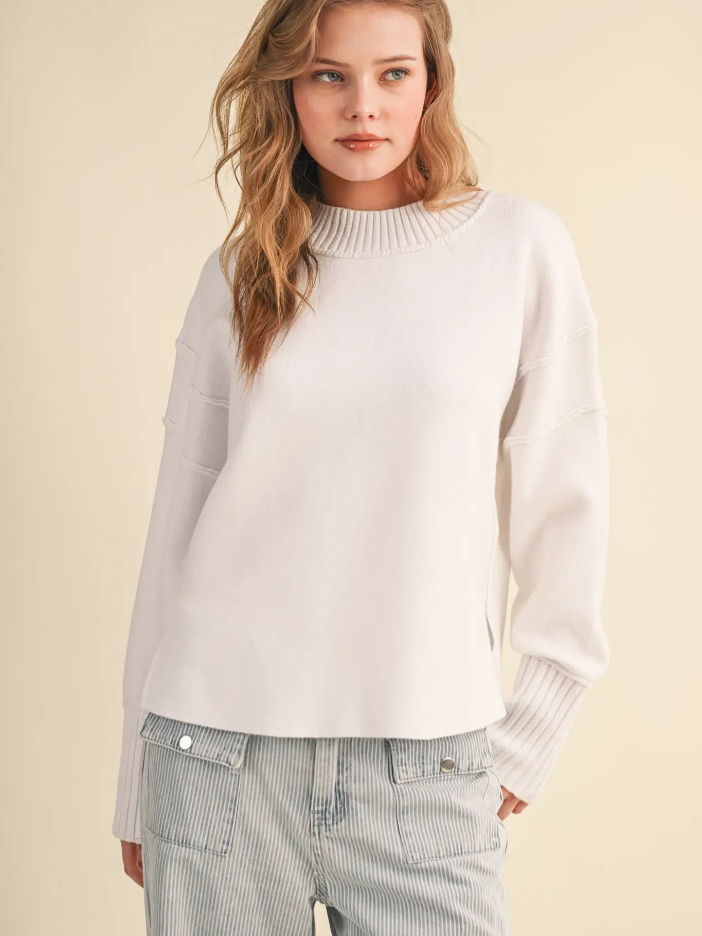 Drop Shoulder Long Sleeve Ribbed Sweater
