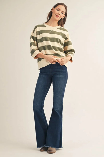 Olive 3/4 Sleeve Bold Stripe Top