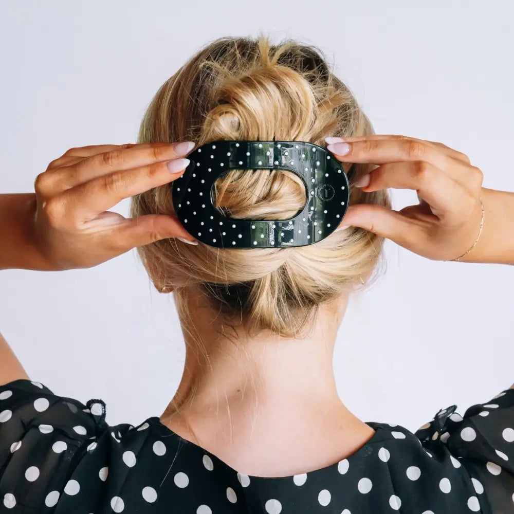Flat Round Hair Clip | Black Polka Dot Party | Large